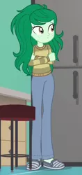 Size: 350x740 | Tagged: safe, derpibooru import, screencap, wallflower blush, equestria girls, equestria girls series, forgotten friendship, clothes, crossed arms, female, freckles, pants, refrigerator, shoes, solo, stool, sweater