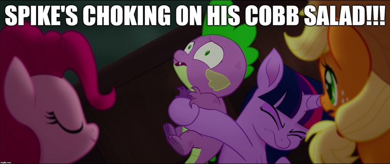 Size: 1920x808 | Tagged: alicorn, applejack, choking, cobb salad, derpibooru import, edit, edited screencap, food, heimlich maneuver, image macro, meme, my little pony: the movie, pinkie pie, safe, salad, screencap, spike, twilight sparkle, twilight sparkle (alicorn)