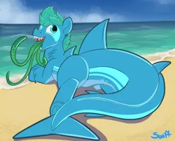 Size: 1518x1229 | Tagged: artist:swiftsketchpone, beach, derpibooru import, hybrid, looking back, male, monster pony, oc, oc:jezu, original species, safe, shark pony, tatzlpony, tentacles, tentacle tongue, unofficial characters only