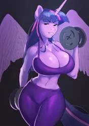 Size: 703x1000 | Tagged: alicorn, amazon, anthro, artist:maarthul, belly button, big breasts, breasts, busty twilight sparkle, cleavage, clothes, derpibooru import, female, gray background, hair, huge breasts, looking at you, midriff, multicolored hair, multicolored mane, multicolored tail, pants, purple eyes, royalty, sexy, simple background, smiling, solo, solo female, sports bra, stupid sexy twilight, suggestive, tail, twilight sparkle, twilight sparkle (alicorn), weights, workout, yoga pants