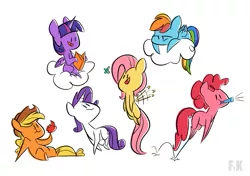 Size: 2400x1694 | Tagged: safe, artist:fluttershythekind, derpibooru import, applejack, fluttershy, pinkie pie, rainbow dash, rarity, twilight sparkle, twilight sparkle (alicorn), alicorn, butterfly, pony, apple, book, cloud, female, food, mane six, mare, simple background, smiling, white background