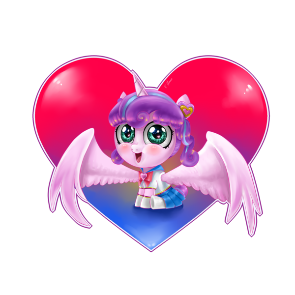 Size: 2000x2000 | Tagged: safe, artist:vanezaescobedo, derpibooru import, princess flurry heart, alicorn, pony, baby, baby pony, clothes, costume, female, heart, looking at you, sailor moon, simple background, smiling, transparent background