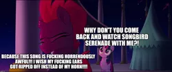 Size: 1920x808 | Tagged: alicorn, derpibooru import, edit, edited screencap, image macro, impact font, meme, mouthpiece, my little pony: the movie, rainbow (song), safe, screencap, songbird serenade, tempest shadow, twilight sparkle, twilight sparkle (alicorn), vulgar