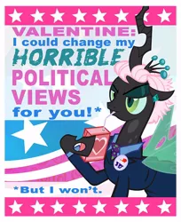 Size: 736x900 | Tagged: artist:pixelkitties, changeling, clothes, derpibooru import, drinking, ear piercing, earring, holiday, jewelry, juice, juice box, ms. harshwhinny, piercing, politics, queen chrysalis, safe, solo, suit, valentine, valentine's day, votehorse