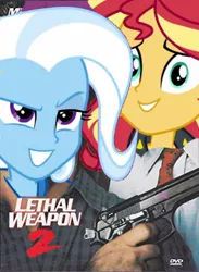 Size: 326x445 | Tagged: safe, derpibooru import, sunset shimmer, trixie, equestria girls, equestria girls series, forgotten friendship, 1000 years in photoshop, gun, handgun, lethal weapon, lethal weapon 2, movie poster, pistol, weapon