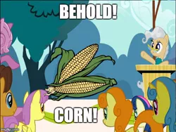 Size: 500x375 | Tagged: aqua teen hunger force, behold, bon bon, caramel, carrot top, corn, derpibooru import, dr. weird, edit, edited screencap, food, golden harvest, lemon hearts, mayor mare, meme, parasol, safe, screencap, sweetie drops, the last roundup