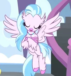Size: 334x356 | Tagged: classical hippogriff, crossed arms, derpibooru import, eyes closed, flying, hippogriff, jewelry, necklace, safe, school daze, screencap, silverstream, solo