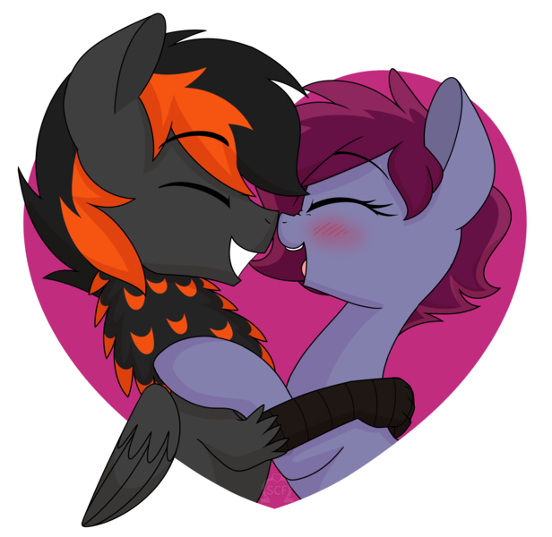 Size: 2878x2804 | Tagged: artist:sweetcleanfun, blafted, blushing, boop, cute, derpibooru import, heart, hippogriff, hug, mutual booping, neck feathers, noseboop, oc, oc:blazing heart, oc:crafted sky, oc x oc, safe, shipping, simple background, smiling, transparent background, unofficial characters only, ych result