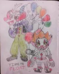 Size: 1024x1279 | Tagged: safe, artist:tobiisabunny, derpibooru import, discord, oc, oc:dante, oc:dante the savage imp, ponified, pony, balloon, clown nose, fangs, it, pennywise, simple background, traditional art, transparent background