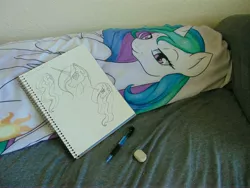 Size: 5152x3864 | Tagged: artist:supra80, artist:theparagon, bed, body pillow, derpibooru import, drawing tablet, eraser, irl, mechanical pencil, photo, princess celestia, safe, sketchbook, solo, traditional art