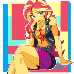 Size: 2550x2550 | Tagged: safe, artist:rustyartist, derpibooru import, sunset shimmer, human, equestria girls, equestria girls series, abstract background, anime, blushing, crossed legs, cute, female, geode of empathy, high res, jewelry, looking at you, magical geodes, necklace, open mouth, shimmerbetes, solo