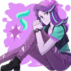 Size: 2048x2048 | Tagged: safe, artist:rustyartist, derpibooru import, starlight glimmer, equestria girls, mirror magic, spoiler:eqg specials, cute, cutie mark background, female, glimmerbetes, looking at you, sitting, smiling, solo