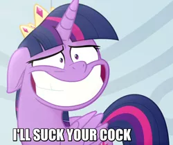 Size: 960x804 | Tagged: suggestive, derpibooru import, edit, edited screencap, screencap, twilight sparkle, twilight sparkle (alicorn), alicorn, pony, my little pony: the movie, big grin, cockmongler, cropped, crown, faic, forced smile, grin, image macro, jewelry, majestic as fuck, meme, nervous, regalia, smiling, solo, vulgar