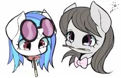 Size: 1421x923 | Tagged: safe, artist:ccc, derpibooru import, octavia melody, vinyl scratch, earth pony, pony, unicorn, baton, bow, cute, female, food, glasses, mare, pocky, simple background, white background