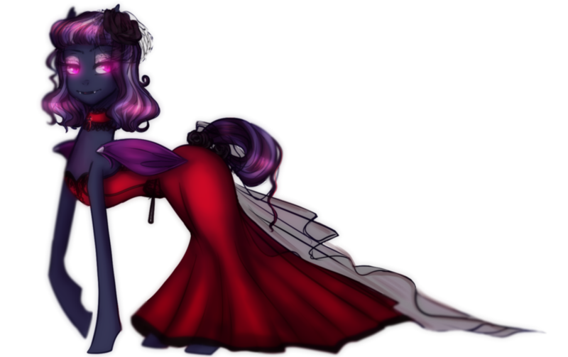 Size: 1649x1037 | Tagged: safe, artist:melod-va, derpibooru import, oc, oc:indigo rose, unofficial characters only, bat pony, pony, bat pony oc, clothes, commission, dress, fangs, female, flower, flower in hair, glowing eyes, mare, mother, red dress, rose, simple background, smiling, solo, transparent background