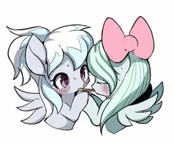 Size: 1449x1197 | Tagged: suggestive, artist:ccc, derpibooru import, cloudchaser, flitter, pegasus, pony, baton, blushing, bow, female, food, hair bow, incest, lesbian, mare, pegacest, pocky, pocky game, shipping, simple background, white background