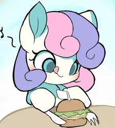 Size: 964x1077 | Tagged: safe, artist:ccc, derpibooru import, bon bon, sweetie drops, earth pony, pony, adorabon, burger, cute, female, food, fork, hay burger, knife, mare, music notes, solo, tongue out