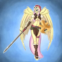 Size: 3000x3000 | Tagged: anthro, armor, artist:alicekvartersson, badass, boots, breasts, clothes, commission, derpibooru import, female, fluttershy, mare, pegasus, shield, shoes, skirt, smiling, solo, solo female, suggestive, sword, the legend of zelda, the legend of zelda: breath of the wild, unconvincing armor, weapon, ych result