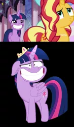 Size: 958x1646 | Tagged: safe, derpibooru import, edit, screencap, sunset shimmer, twilight sparkle, twilight sparkle (alicorn), alicorn, equestria girls, equestria girls series, forgotten friendship, my little pony: the movie, comparison, crown, faic, grin, jewelry, nervous, nervous grin, regalia, smiling