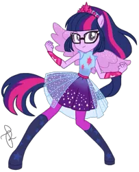 Size: 1663x2048 | Tagged: safe, artist:ilaria122, derpibooru import, sci-twi, twilight sparkle, equestria girls, equestria girls series, forgotten friendship, alternate hairstyle, boots, clothes, dress, glasses, leggings, not a vector, ponied up, scitwilicorn, shoes, simple background, solo, transparent background