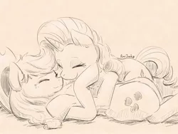 Size: 1600x1200 | Tagged: safe, artist:gamijack, derpibooru import, applejack, rarity, earth pony, pony, unicorn, cuddling, cute, eyes closed, female, lesbian, mare, monochrome, rarijack, shipping, simple background, sketch, smiling