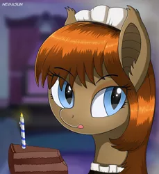 Size: 1868x2035 | Tagged: safe, artist:negasun, derpibooru import, oc, oc:lunette, unofficial characters only, bat pony, pony, bat pony oc, cake, candle, clothes, female, food, happy birthday, maid, mare, solo