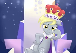 Size: 2000x1400 | Tagged: safe, artist:tina-de-love, derpibooru import, derpy hooves, pegasus, pony, a royal problem, crown, female, friendship throne, looking at you, mare, princess derpy, queen derpy, regalia, sitting, smiling, smirk, smug, solo, throne, throne slouch