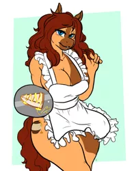 Size: 1200x1555 | Tagged: suggestive, artist:arnachy, derpibooru import, oc, oc:honeypot meadow, unofficial characters only, anthro, earth pony, anthro oc, apron, blaze (coat marking), breasts, cake, cheesecake, cleavage, clothes, female, food, looking at you, mare, naked apron, smiling, solo, solo female, tray