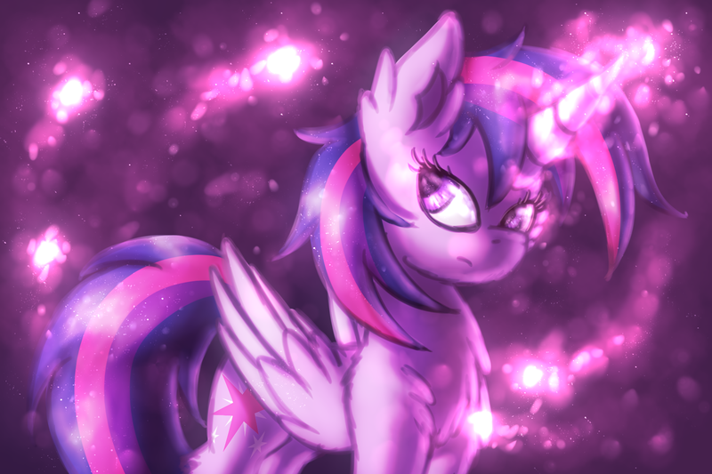Size: 1800x1200 | Tagged: safe, artist:shad0w-galaxy, derpibooru import, twilight sparkle, twilight sparkle (alicorn), alicorn, pony, abstract background, chest fluff, female, glowing horn, magic, mare, solo