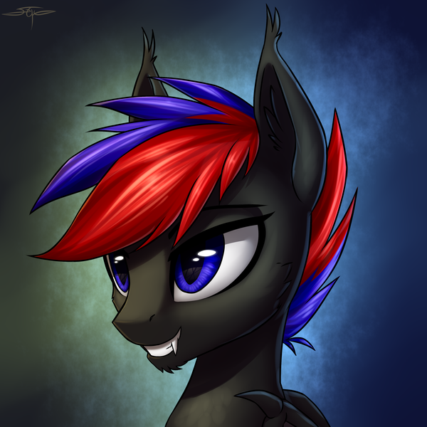 Size: 3000x3000 | Tagged: safe, artist:setharu, derpibooru import, oc, unofficial characters only, bat pony, pony, bat pony oc, beard, bust, facial hair, fangs, grin, male, portrait, slit eyes, smiling, solo, stallion