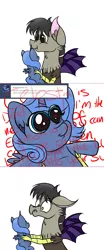 Size: 1000x2404 | Tagged: safe, artist:slushnstuff, derpibooru import, discord, princess luna, pony, ask-clover-the-clever, female, filly, holding a pony, woona, younger