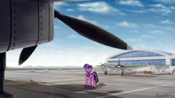 Size: 1600x900 | Tagged: safe, artist:adagiostring, derpibooru import, twilight sparkle, twilight sparkle (alicorn), alicorn, pony, airport, cloud, female, looking up, mare, plane, runway, sky, solo, tupolev sb-2