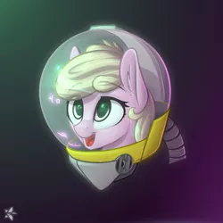 Size: 2160x2160 | Tagged: safe, artist:starfall-spark, derpibooru import, oc, oc:puppysmiles, unofficial characters only, earth pony, pony, fallout equestria, fallout equestria: pink eyes, bust, canterlot ghoul, cute, female, filly, hazmat suit, heads up display, hud, open mouth, portrait, simple background, smiling, solo