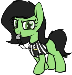 Size: 459x483 | Tagged: safe, artist:skitter, derpibooru import, edit, oc, oc:anonfilly, earth pony, pony, blowing whistle, clothes, cute, female, filly, frown, glare, looking at you, puffy cheeks, raised hoof, referee, simple background, solo, transparent background, walking, whistle, whistle necklace
