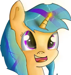 Size: 635x676 | Tagged: safe, artist:artiks, artist:dragonicbladex, derpibooru import, edit, oc, oc:best practice, pony, unicorn, blue hair, detailed eyes, female, happy, mare, purple eyes, simple background, solo, wide eyes, yellow coat