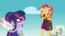 Size: 1920x1080 | Tagged: safe, derpibooru import, screencap, fluttershy, rainbow dash, sci-twi, sunset shimmer, twilight sparkle, equestria girls, equestria girls series, forgotten friendship, angry, beach, broken, clothes, discovery family logo, drone, geode of telekinesis, magical geodes, selfie drone, swimsuit, volleyball net