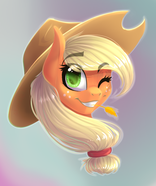 Size: 1024x1219 | Tagged: dead source, safe, artist:freckleplant, derpibooru import, applejack, earth pony, pony, bust, eye clipping through hair, gradient background, grin, looking at you, one eye closed, portrait, smiling, solo, straw, straw in mouth, wink