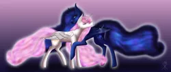 Size: 1024x434 | Tagged: safe, artist:charliegray99, derpibooru import, princess celestia, princess luna, alicorn, bat pony, bat pony alicorn, pony, alternate hairstyle, alternate universe, fangs, female, gradient background, hug, mare, pink-mane celestia, race swap