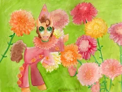 Size: 3525x2660 | Tagged: safe, artist:kelseyleah, derpibooru import, cheese sandwich, earth pony, pony, clothes, flower, male, solo, stallion, traditional art