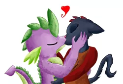 Size: 1024x696 | Tagged: anthro, artist:chiptunebrony, cat, crossover, crossover shipping, derpibooru import, dragon, eyes closed, female, heart, hug, kissing, mae borowski, maespike, male, night in the woods, older, older spike, safe, shipping, spike, straight