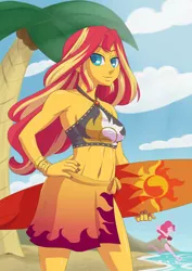 Size: 845x1195 | Tagged: safe, artist:robbiecave, derpibooru import, pinkie pie, sunset shimmer, equestria girls, equestria girls series, forgotten friendship, beach, belly button, clothes, cloud, colored pupils, eyes closed, female, looking at you, midriff, nail polish, ocean, open mouth, palm tree, running, sand, smiling, solo focus, surfboard, tree