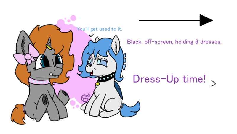 Size: 1096x620 | Tagged: artist:blacklightbuggo, collar, colt, crossdressing, derpibooru import, embarrassed, female, male, oc, oc:othy, oc:snowsong, safe, trap, unofficial characters only