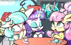 Size: 3000x1900 | Tagged: suggestive, artist:itsalwayspony, derpibooru import, coco pommel, fluttershy, rarity, pegasus, pony, unicorn, beatnik rarity, beret, blushing, canterlot, clothes, coffee, dropped ice cream, embarrassed, food, glowing horn, hat, ice cream, lewd, lingerie, magic, photo, sweater, tea, telekinesis, tongue out