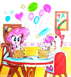 Size: 1413x1529 | Tagged: safe, artist:liaaqila, derpibooru import, pinkie pie, scootaloo, monkey, equestria girls, animal costume, balloon, chicken suit, clothes, costume, cutie mark, eating, food, fork, kigurumi, painting, pancakes, scootachicken, scootalove, table, the cmc's cutie marks, whipped cream