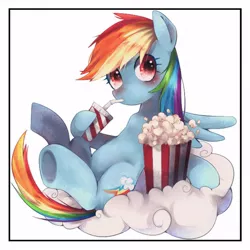 Size: 638x638 | Tagged: safe, artist:setoya, derpibooru import, rainbow dash, pegasus, pony, cloud, female, food, mare, popcorn, simple background, soda, solo, white background