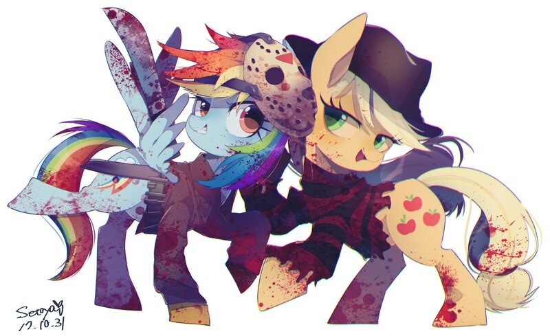 Size: 2922x1786 | Tagged: semi-grimdark, artist:setoya, derpibooru import, applejack, rainbow dash, earth pony, pegasus, pony, a nightmare on elm street, blood, clothes, cosplay, costume, duo, female, freddy krueger, friday the 13th, halloween, halloween costume, hat, hockey mask, holiday, jason voorhees, machine, mare, mask, nightmare on elm street, simple background, white background