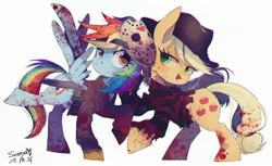 Size: 2922x1786 | Tagged: semi-grimdark, artist:setoya, derpibooru import, applejack, rainbow dash, earth pony, pegasus, pony, a nightmare on elm street, blood, clothes, cosplay, costume, duo, female, freddy krueger, friday the 13th, halloween, halloween costume, hat, hockey mask, holiday, jason voorhees, machine, mare, mask, nightmare on elm street, simple background, white background