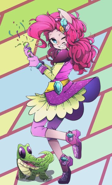 Size: 1085x1800 | Tagged: safe, artist:setoya, derpibooru import, gummy, pinkie pie, parasprite, equestria girls, legend of everfree, clothes, crystal guardian, cute, diapinkes, female, gem, gloves, jumping, one eye closed, party popper, ponied up, redraw, shoes, solo, wink