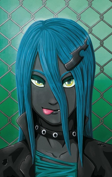 Size: 508x800 | Tagged: safe, artist:villaincorner, derpibooru import, queen chrysalis, equestria girls, clothes, collar, equestria girls-ified, fangs, hairpin, jacket, looking at you, smiling, solo, tongue out