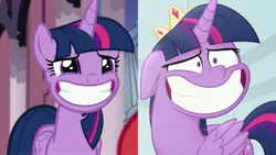 Size: 3643x2048 | Tagged: safe, derpibooru import, edit, screencap, sunset shimmer, twilight sparkle, twilight sparkle (alicorn), alicorn, equestria girls, equestria girls series, forgotten friendship, my little pony: the movie, comparison, crown, faic, floppy ears, forced smile, grin, image, jewelry, jpeg, nervous, nervous grin, regalia, smiling, why